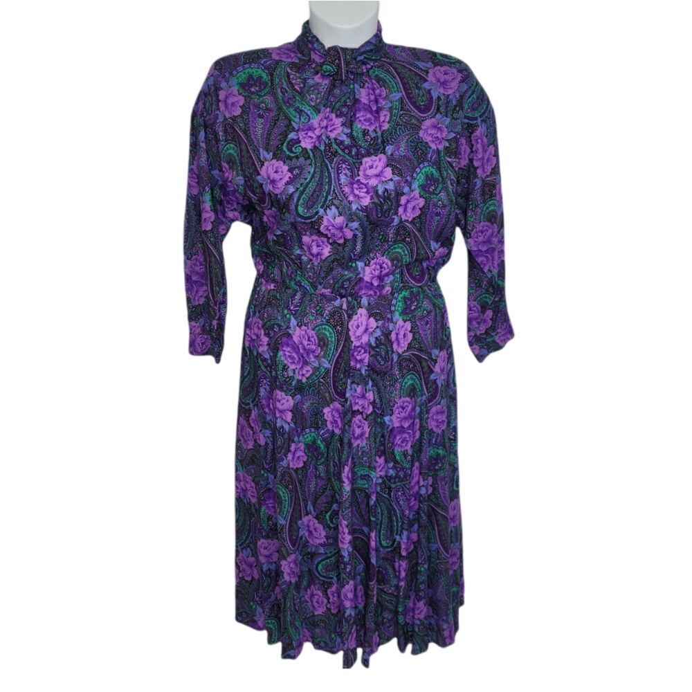 VINTAGE 80s dress purple‎ floral paisley mock neck rayon midi S